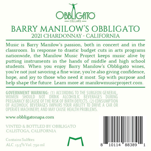 Barry Manilow’s Obbligato - 2021 Chardonnay - California