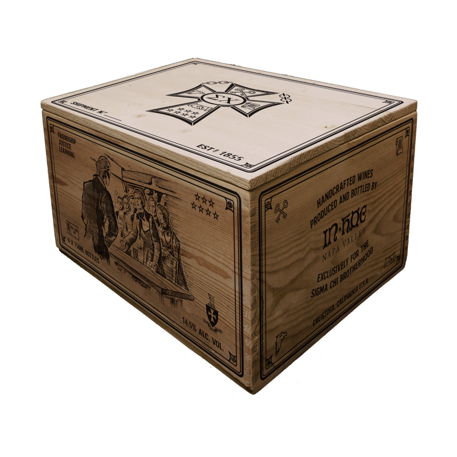 A vintage wooden wine crate with metal hinges and engravings.