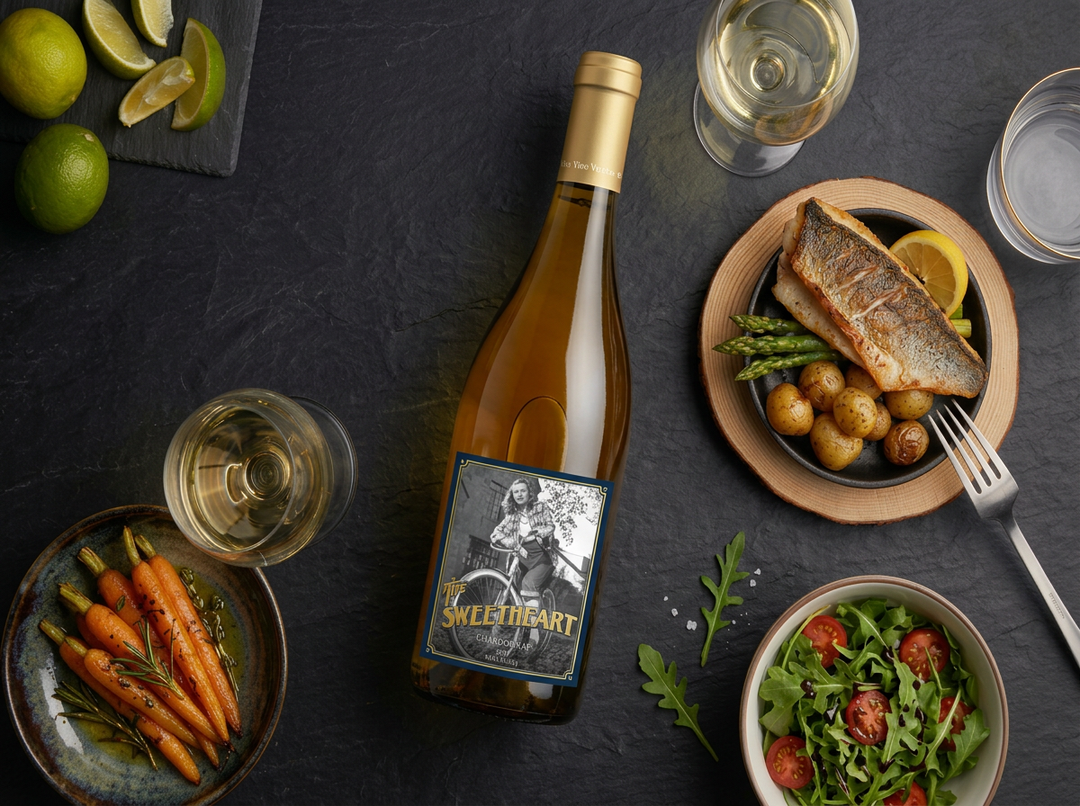 white wine bottle view from above with salmon, salad, roasted carrots on the side with two wine glasses.