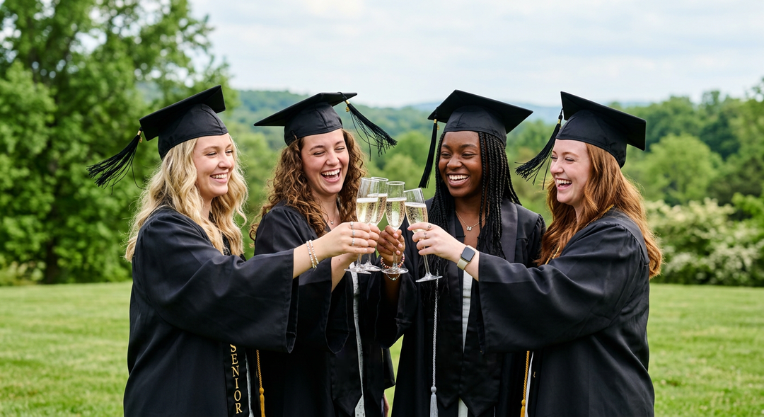 Sorority Grads cheering Sparkling Wine