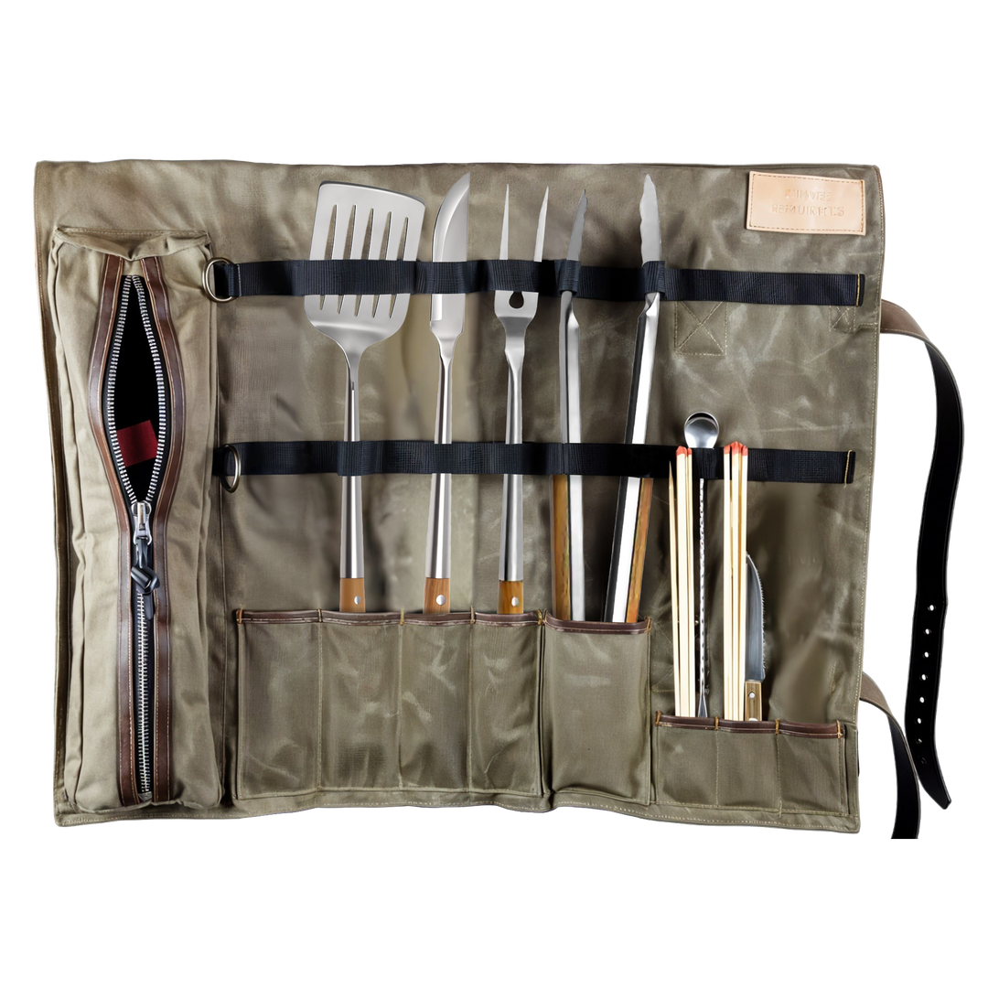 Waxed Canvas Leather BBQ Tool Roll Bag