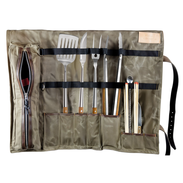 Waxed Canvas Leather BBQ Tool Roll Bag