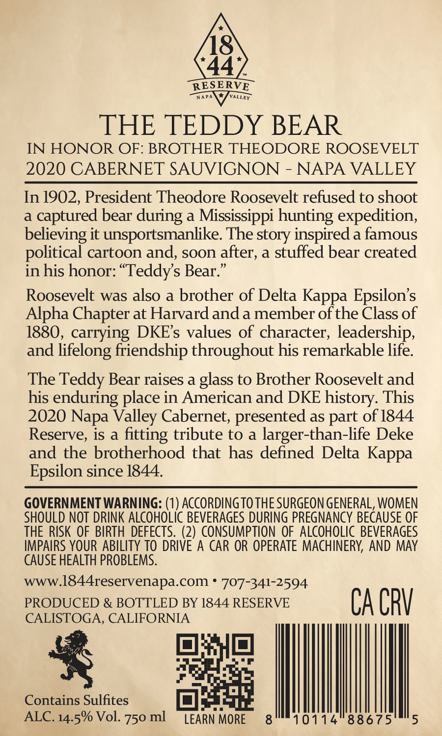 1844 Reserve - The Teddy Bear - 2020 Cabernet Sauvignon - Napa Valley