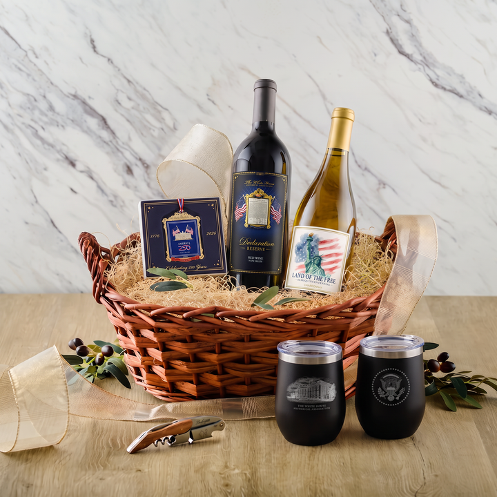 Deluxe Red & White - America’s 250th Ornament & Wine Tumblers Gift Basket
