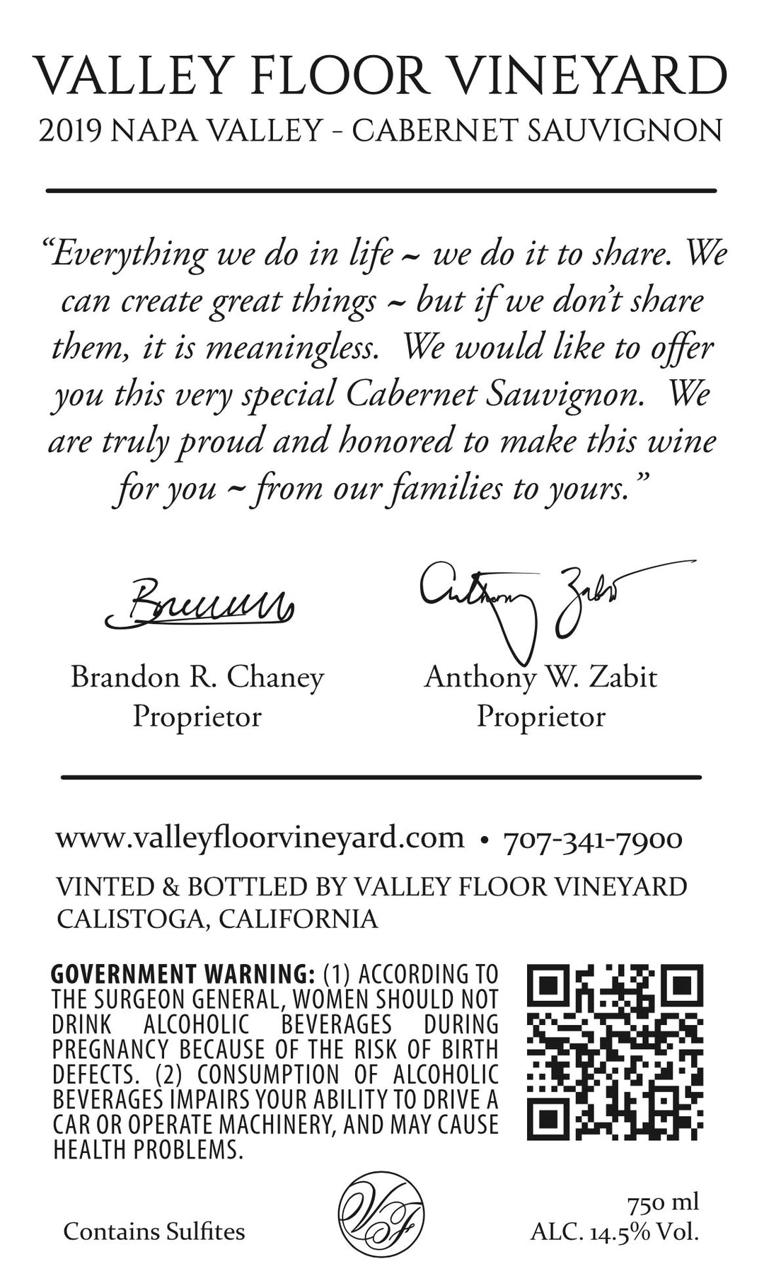 Valley Floor - 2019 Cabernet Sauvignon - Calistoga, Napa Valley