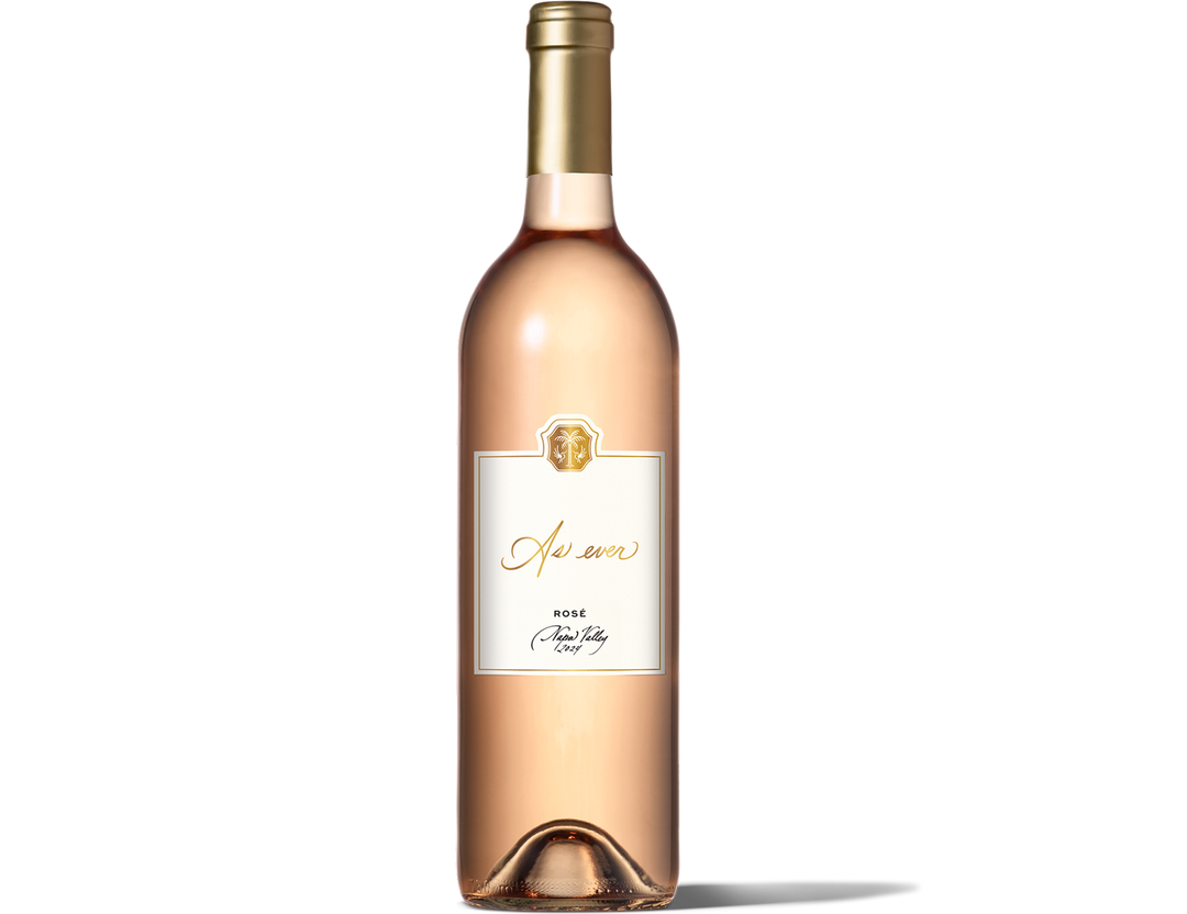 Bottle of As ever Rosé wine with gold foil cap and white label