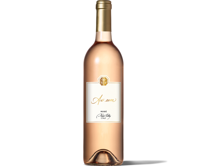 Bottle of As ever Rosé wine with gold foil cap and white label