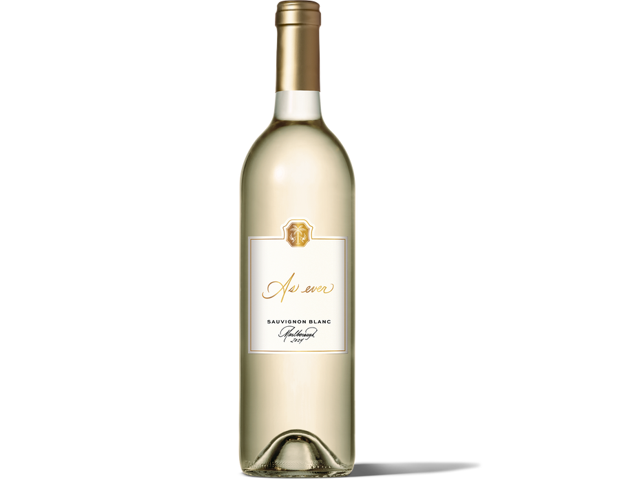 Bottle of As ever Sauvignon Blanc wine with gold foil cap and white label